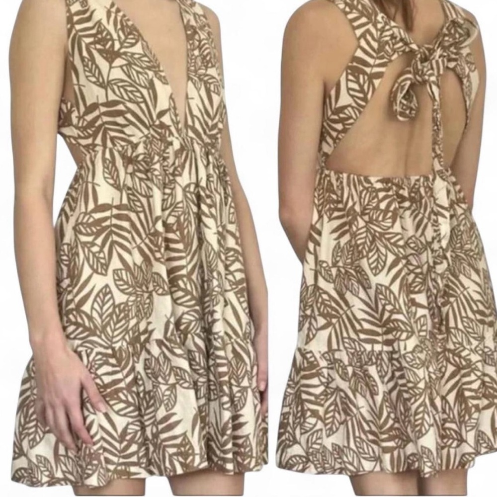 House of Harlow 1960 Linen Blend Tropical Palm Print Open Back Mini Dress XS